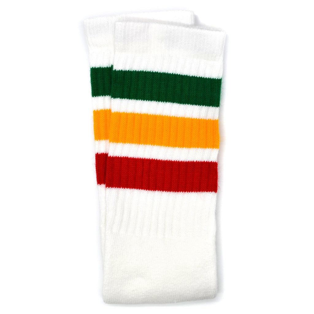 Skater Socks Knee Length - WHITE W/ GREEN, GOLD, AND RED STRIPES - Pigeon's Roller Skate Shop