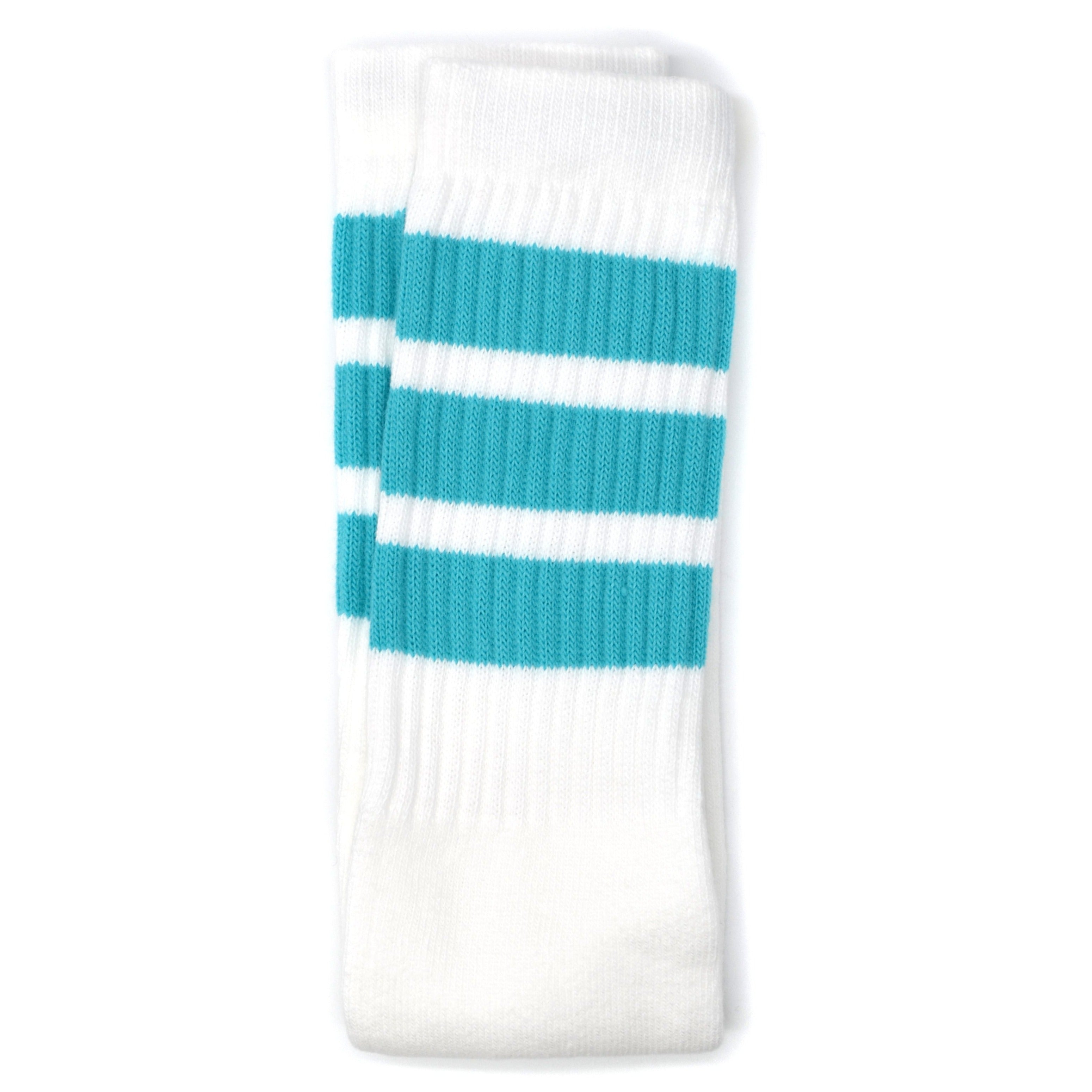 Skater Socks Knee Length - WHITE W/ AQUA STRIPES - Pigeon's Roller Skate Shop