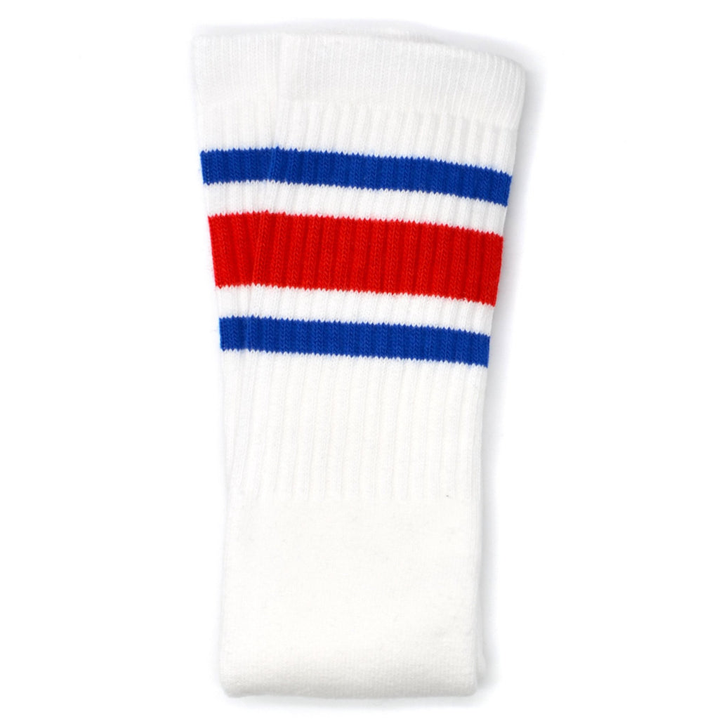 Skater Socks Knee Length - WHITE W/ ROYAL BLUE AND RED STRIPES - Pigeon's Roller Skate Shop
