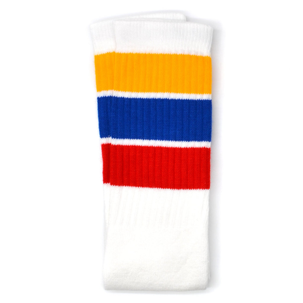 Skater Socks Knee Length - WHITE W/ GOLD, ROYAL BLUE, AND RED STRIPES - Pigeon's Roller Skate Shop