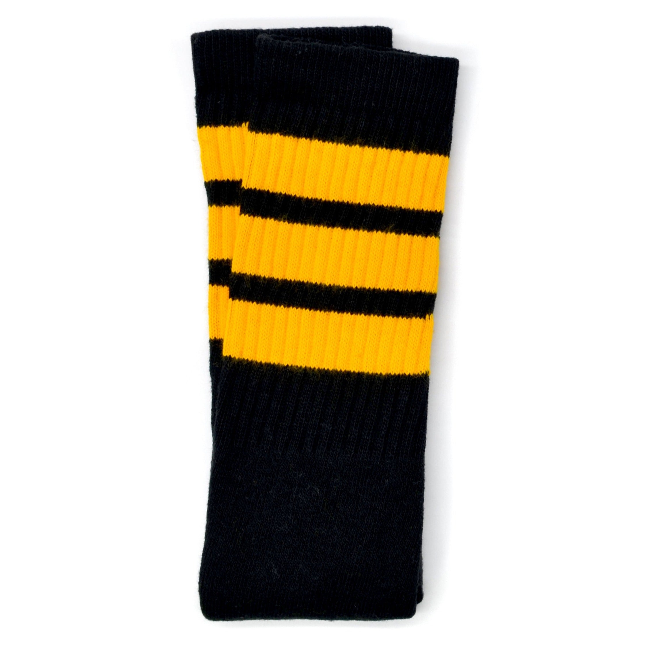 Skater Socks Knee Length - BLACK W/ GOLD STRIPES - Pigeon's Roller Skate Shop