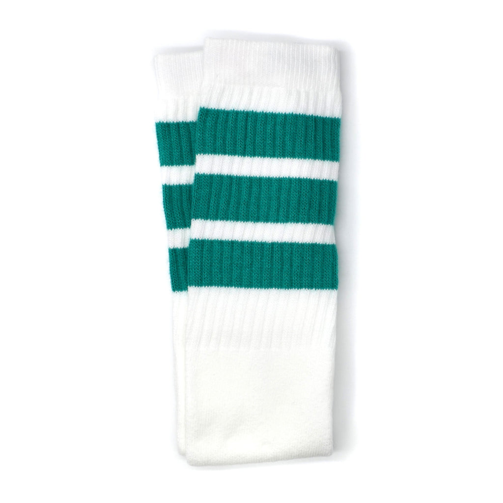 Crew Length Skatersocks - WHITE W/ TEAL STRIPES - Pigeon's Roller Skate Shop