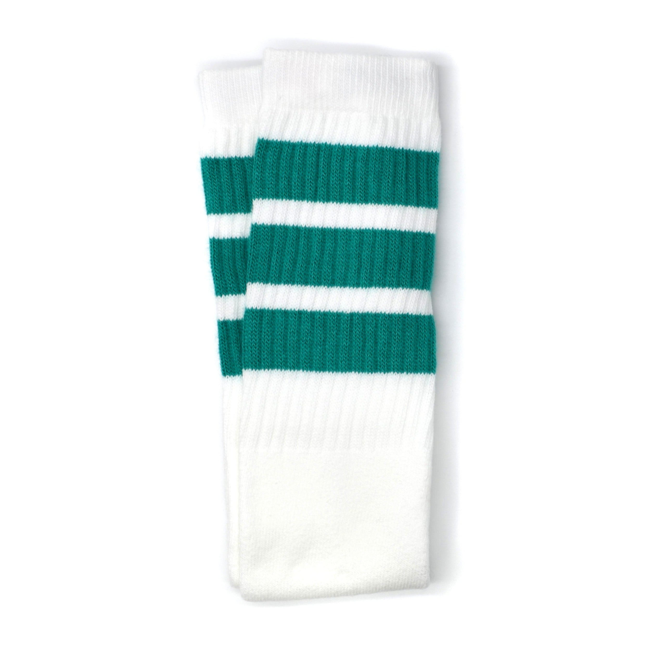 Crew Length Skatersocks - WHITE W/ TEAL STRIPES - Pigeon's Roller Skate Shop