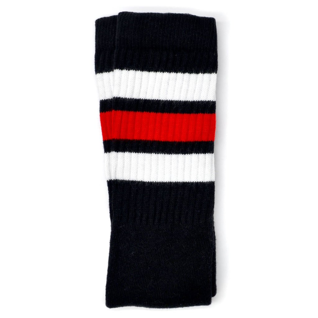 Skater Socks Knee Length - BLACK W/ RED AND WHITE STRIPES - Pigeon's Roller Skate Shop