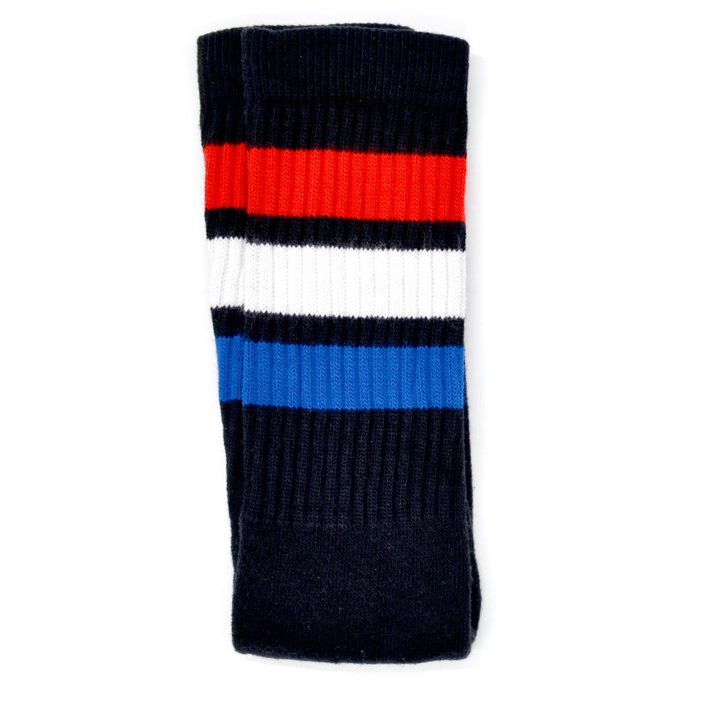 Skater Socks Knee Length - BLACK W/ RED, WHITE, AND ROYAL BLUE STRIPES - Pigeon's Roller Skate Shop