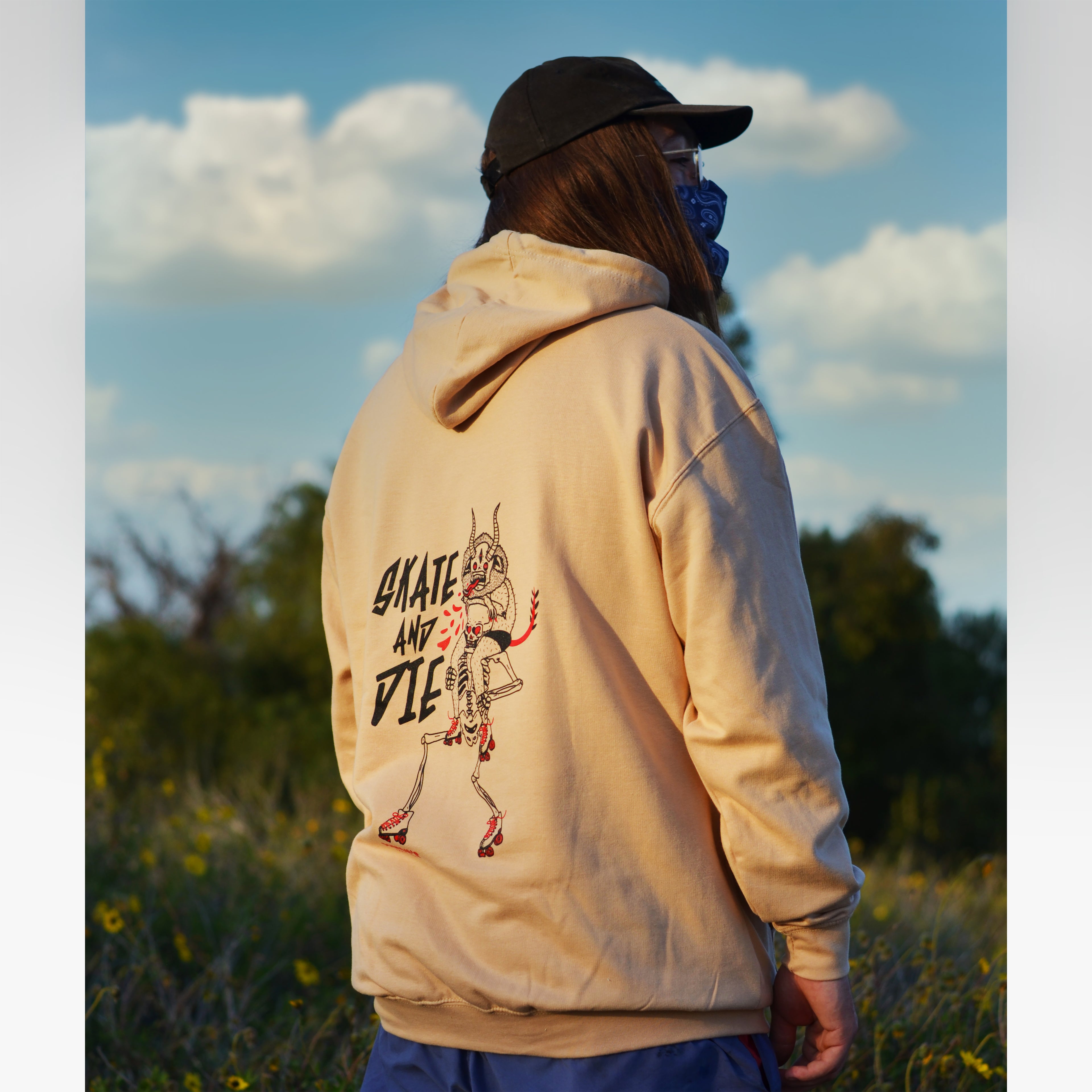 Shop Hoodie - SKATE AND DIE TAN - Pigeon's Roller Skate Shop