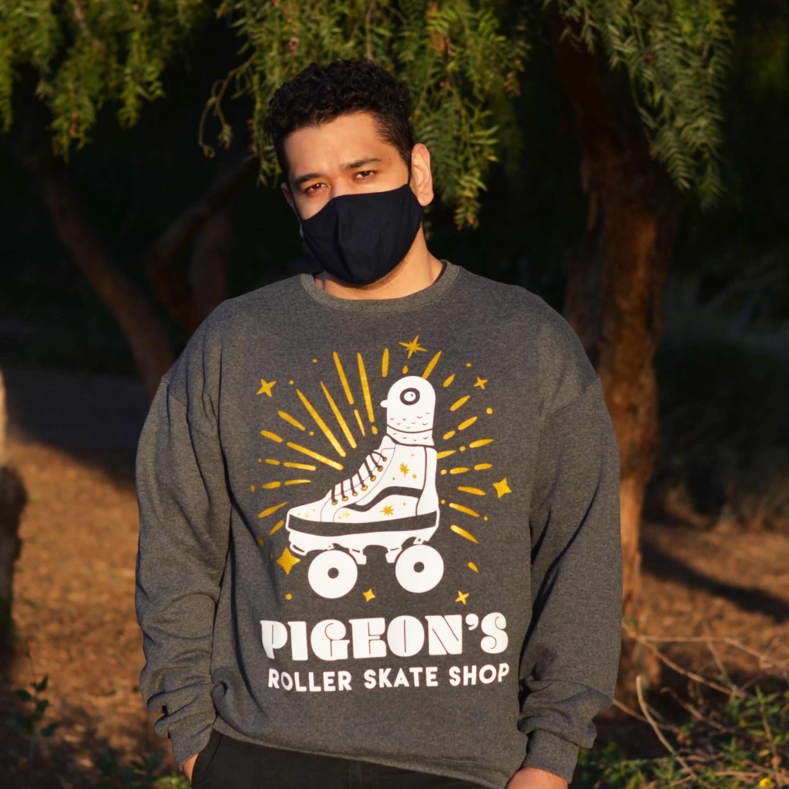 Pigeon's Roller Skate Shop Crewneck - GREY/GOLD - Pigeon's Roller Skate Shop