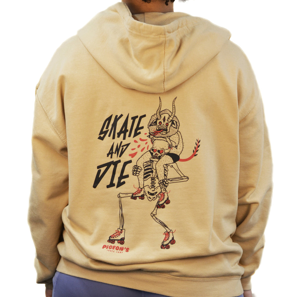 Shop Hoodie - SKATE AND DIE TAN - Pigeon's Roller Skate Shop