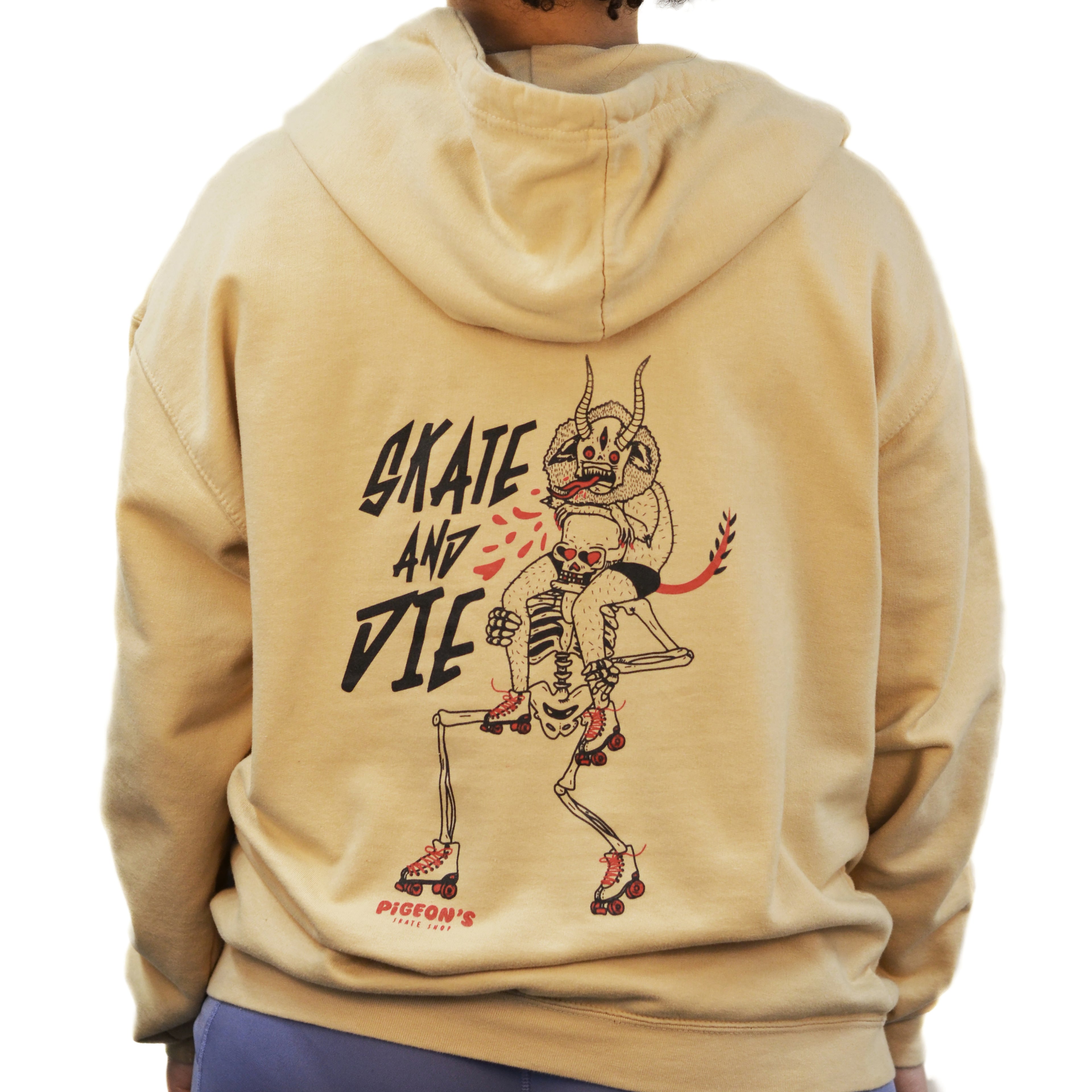 Shop Hoodie - SKATE AND DIE TAN - Pigeon's Roller Skate Shop