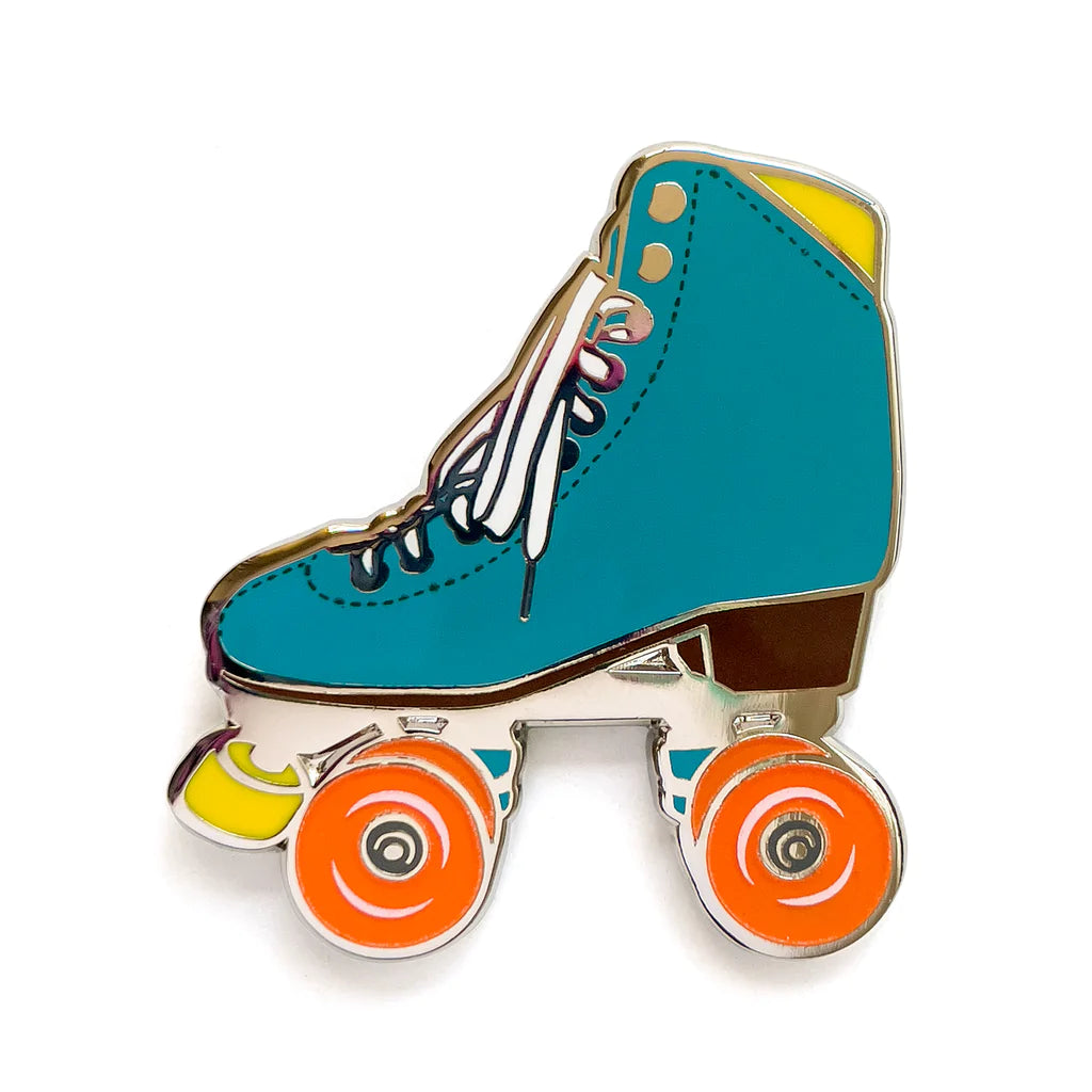 Roller Skate Pin with Glow-In-The-Dark Wheels - TEAL/ORANGE - Pigeon's Roller Skate Shop
