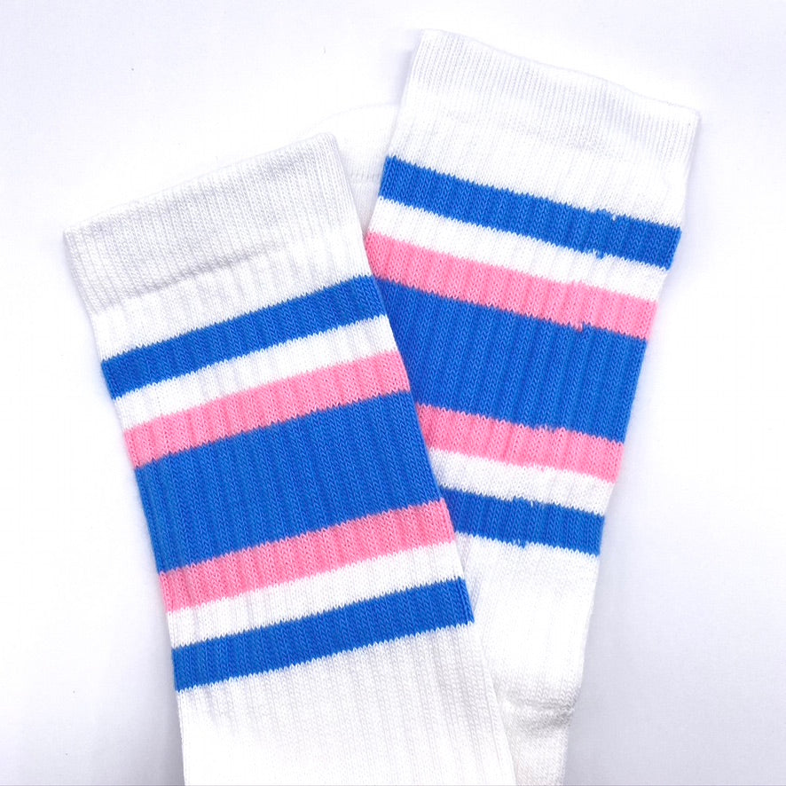 Skater Socks Knee Length - WHITE W/ BABY BLUE AND BABY PINK (5 STRIPES) - Pigeon's Roller Skate Shop
