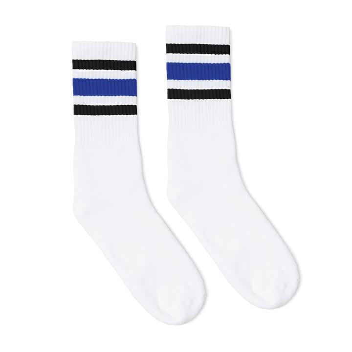 SOCCO Crew Socks - WHITE W/ BLACK AND ROYAL BLUE STRIPES - Pigeon's Roller Skate Shop