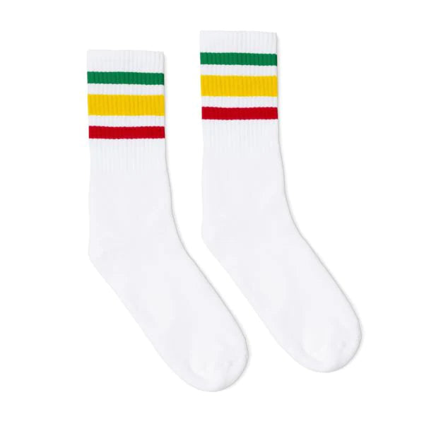 SOCCO Crew Length Socks - WHITE W/ RED, GOLD, AND GREEN STRIPES - Pigeon's Roller Skate Shop