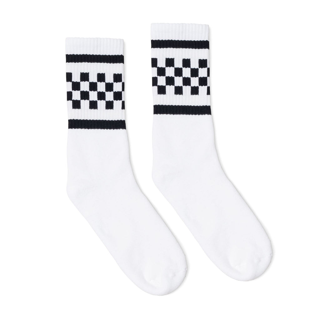 SOCCO Crew Length Socks - WHITE W/ BLACK CHECKERS - Pigeon's Roller Skate Shop