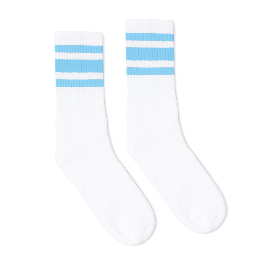 SOCCO Crew Length Socks - WHITE W/ CAROLINA BLUE STRIPES - Pigeon's Roller Skate Shop
