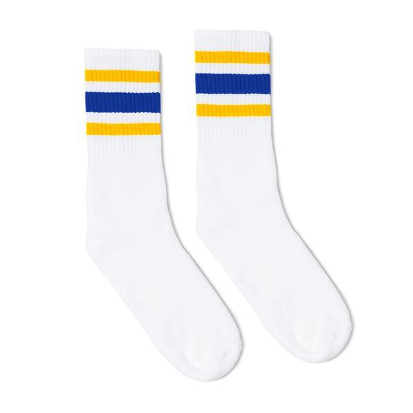 SOCCO Crew Length Socks - WHITE W/ GOLD AND BLUE STRIPES - Pigeon's Roller Skate Shop