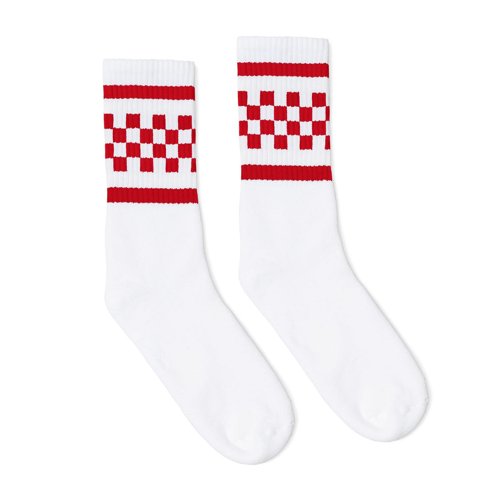SOCCO Crew Length Socks - WHITE W/ RED CHECKERS - Pigeon's Roller Skate Shop