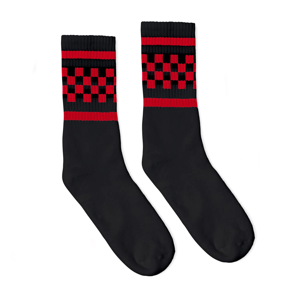SOCCO Crew Length Socks - BLACK W/ RED CHECKERS - Pigeon's Roller Skate Shop
