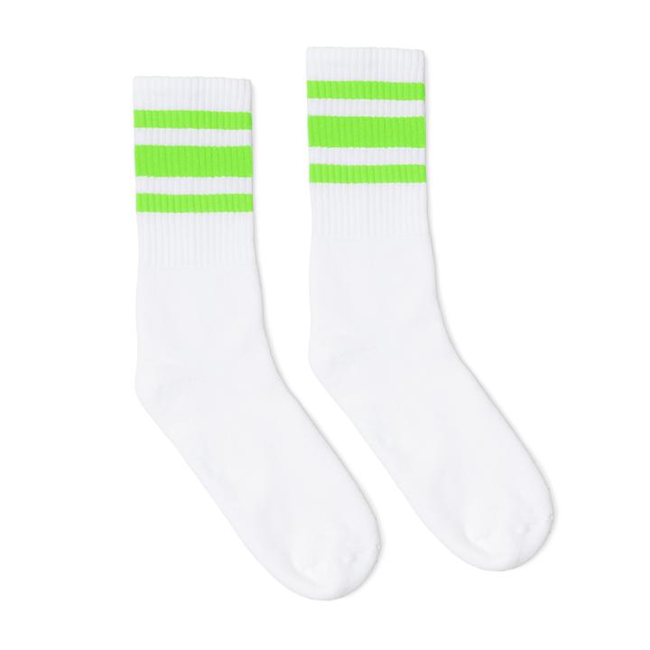 SOCCO Crew Length Socks - WHITE W/ NEON GREEN STRIPES - Pigeon's Roller Skate Shop