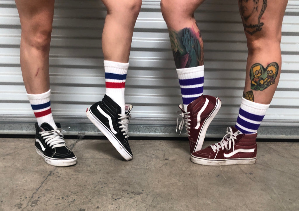 Crew Length Skatersocks - WHITE W/ PURPLE STRIPES - Pigeon's Roller Skate Shop