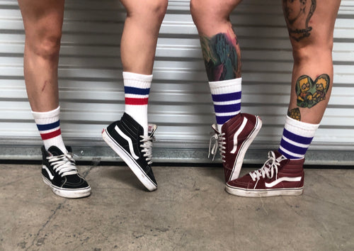 Crew Length Skatersocks - WHITE W/ PURPLE STRIPES - Pigeon's Roller Skate Shop