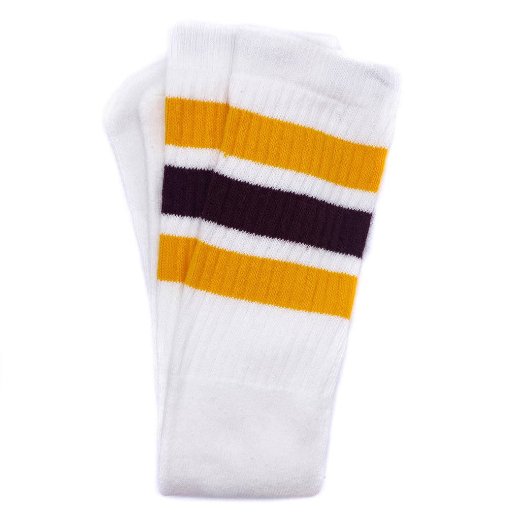 Skater Socks Knee Length - WHITE W/ GOLD AND MAROON STRIPES - Pigeon's Roller Skate Shop