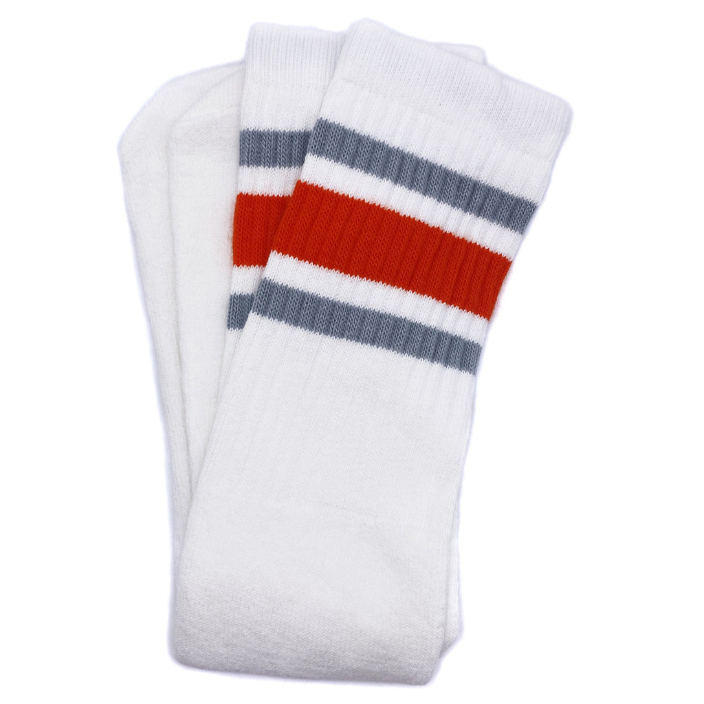 Skater Socks Knee Length - WHITE W/ GREY AND ORANGE STRIPES - Pigeon's Roller Skate Shop