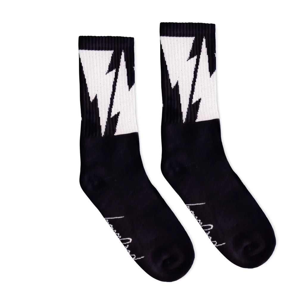 SOCCO x Mike Vallely Crew Length Socks - BLACK W/ WHITE BOLT - Pigeon's Roller Skate Shop