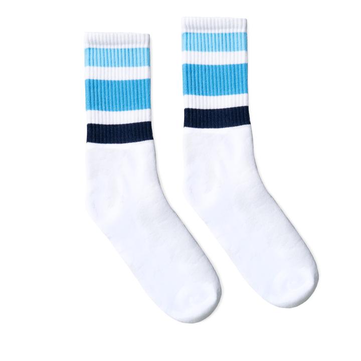 SOCCO Crew Length Socks - WHITE W/ OCEAN BLUE SHADES - Pigeon's Roller Skate Shop