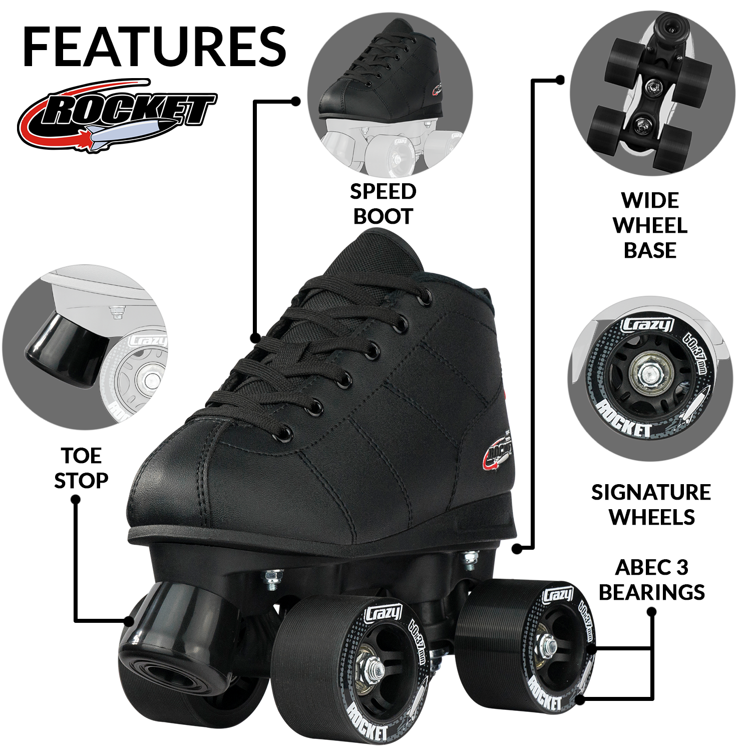 Crazy *Kids* Rocket Skate - BLACK - Pigeon's Roller Skate Shop