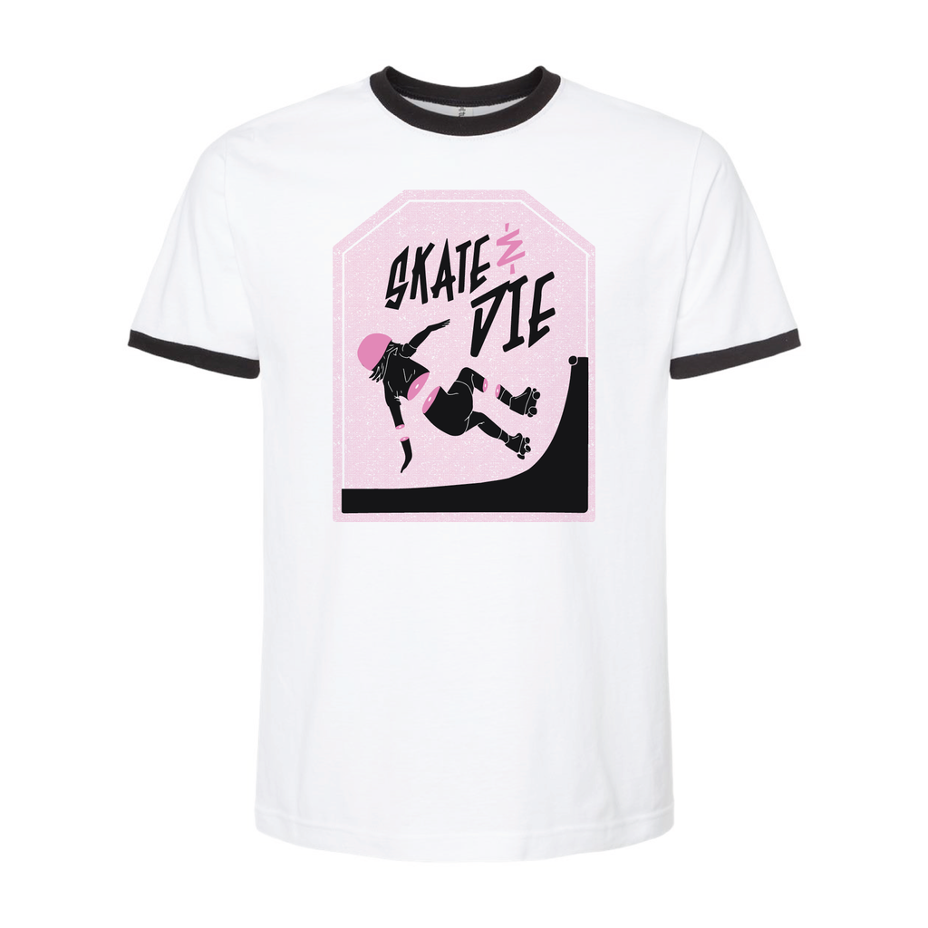 Skate And Die Shop Shirt- TOMBSTONE PINK RINGER - Pigeon's Roller Skate Shop