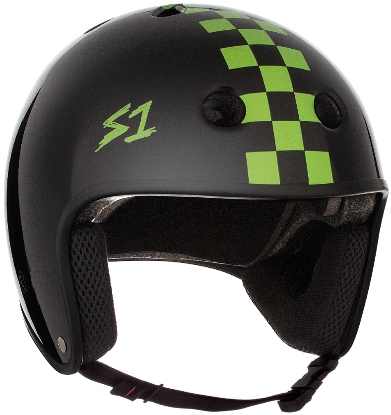 S1 Retro Lifer Helmet - BLACK GLOSS WITH BRIGHT GREEN CHECKERS - Pigeon's Roller Skate Shop