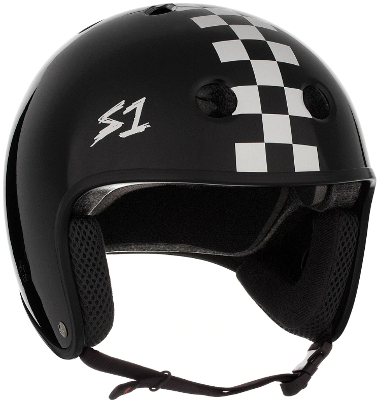 S1 Retro Lifer Helmet - BLACK GLOSS WITH WHITE CHECKERS - Pigeon's Roller Skate Shop
