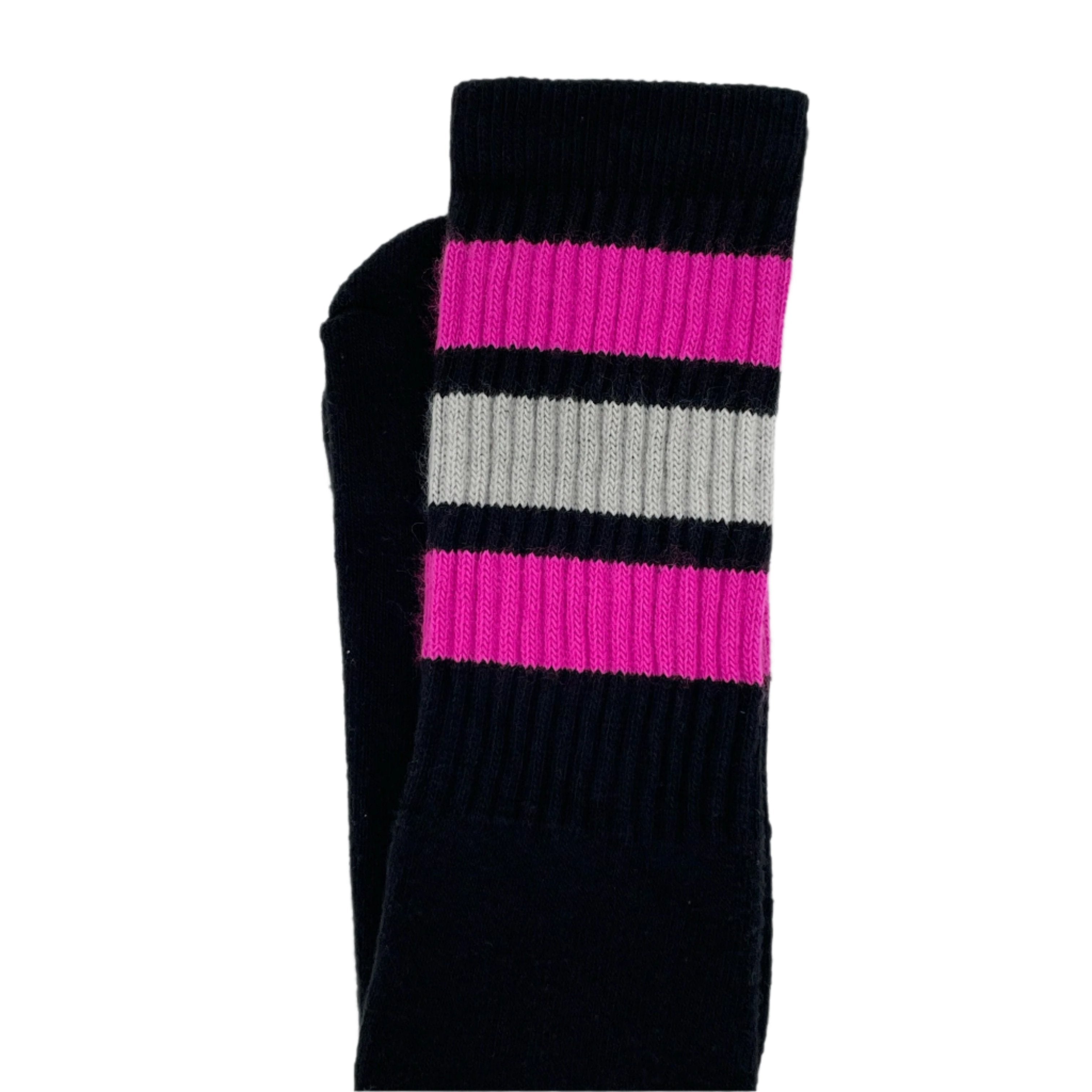 Skater Socks Knee Length - BLACK W/ HOT PINK AND GREY STRIPES - Pigeon's Roller Skate Shop