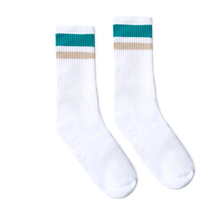 SOCCO Crew Length Socks - WHITE W/ TEAL AND OATMEAL STRIPES - Pigeon's Roller Skate Shop