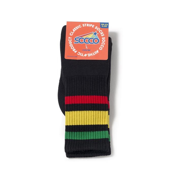SOCCO Crew Length Socks - BLACK W/ RED, GOLD, AND GREEN STRIPES - Pigeon's Roller Skate Shop
