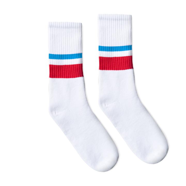 SOCCO Crew Length Socks - WHITE W/ LIGHT BLUE AND RED (2 STRIPES) - Pigeon's Roller Skate Shop