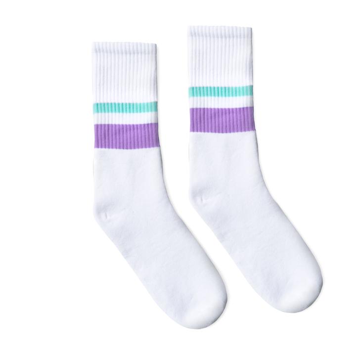 SOCCO Crew Length Socks - WHITE W/ LUCITE AND LILAC (2 STRIPES) - Pigeon's Roller Skate Shop