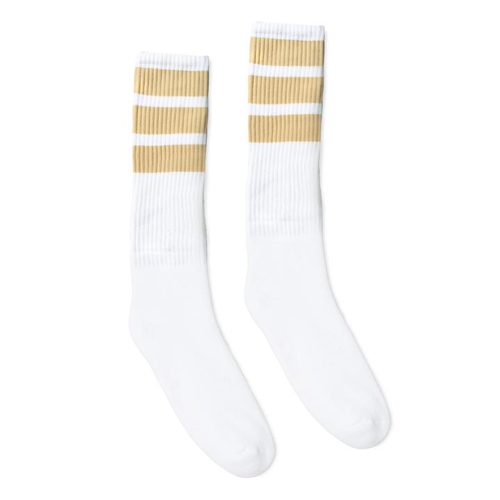 SOCCO Knee High Socks - WHITE W/ VEGAS GOLD STRIPES - Pigeon's Roller Skate Shop