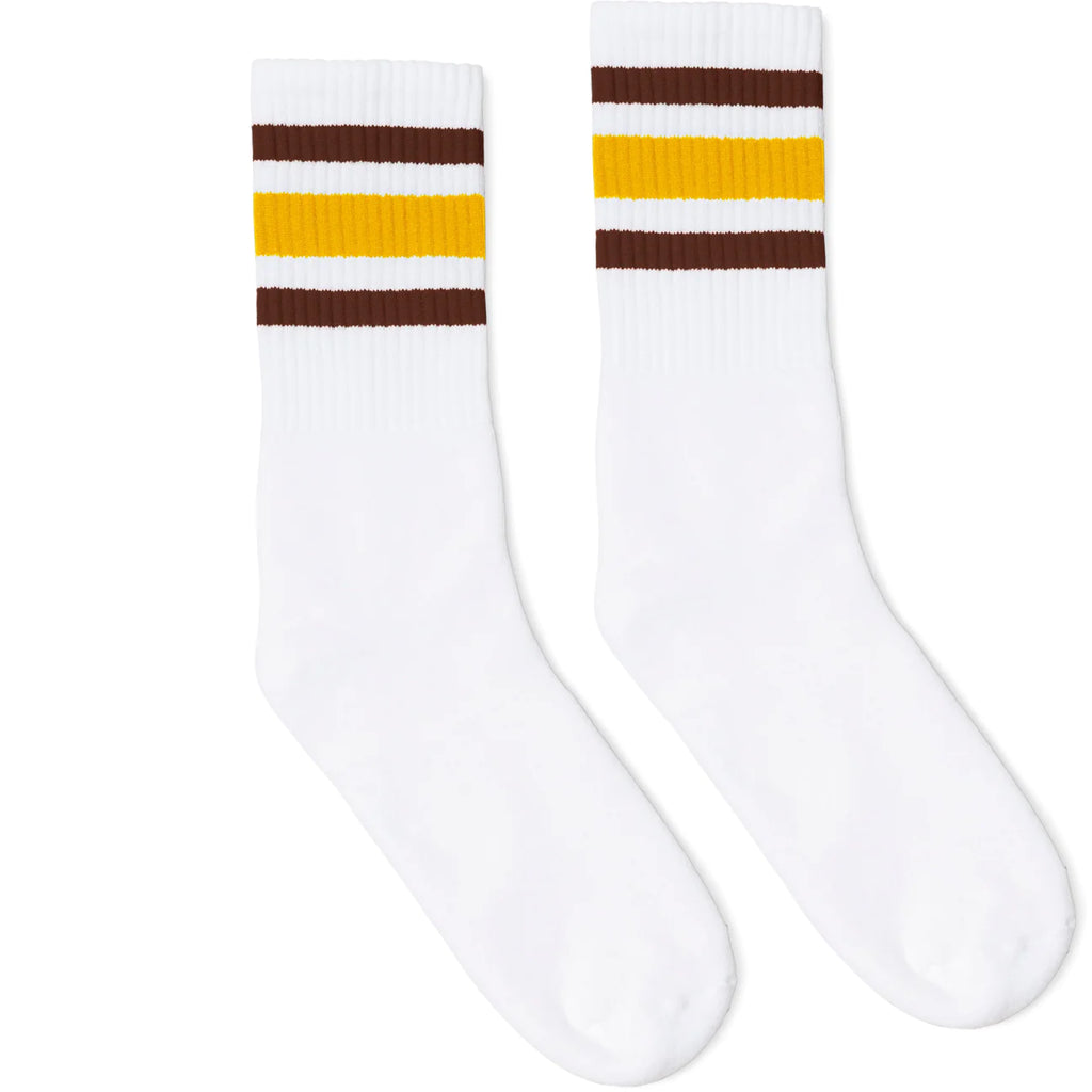 SOCCO Crew Length Socks - WHITE W/ BROWN AND GOLD STRIPES - Pigeon's Roller Skate Shop