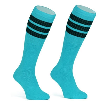 Skater Socks Knee Length - AQUA WITH BLACK STRIPES - Pigeon's Roller Skate Shop