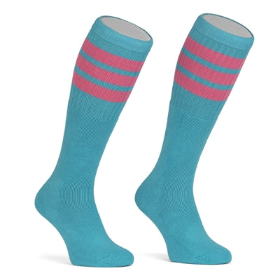 Skater Socks Knee Length - AQUA WITH BUBBLEGUM PINK STRIPES - Pigeon's Roller Skate Shop