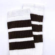 Skater Socks Knee Length - WHITE W/ BROWN STRIPES - Pigeon's Roller Skate Shop