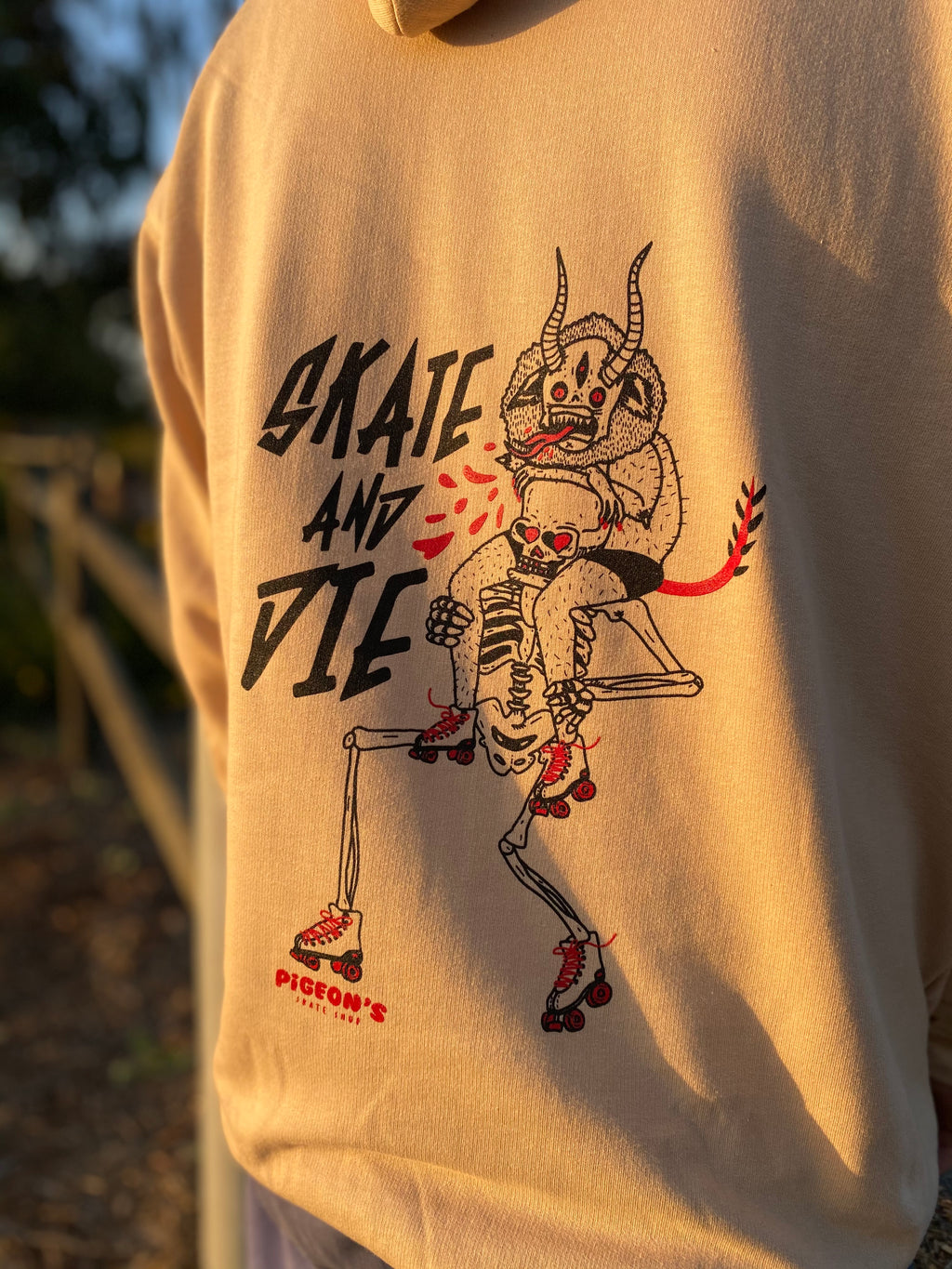 Shop Hoodie - SKATE AND DIE TAN - Pigeon's Roller Skate Shop