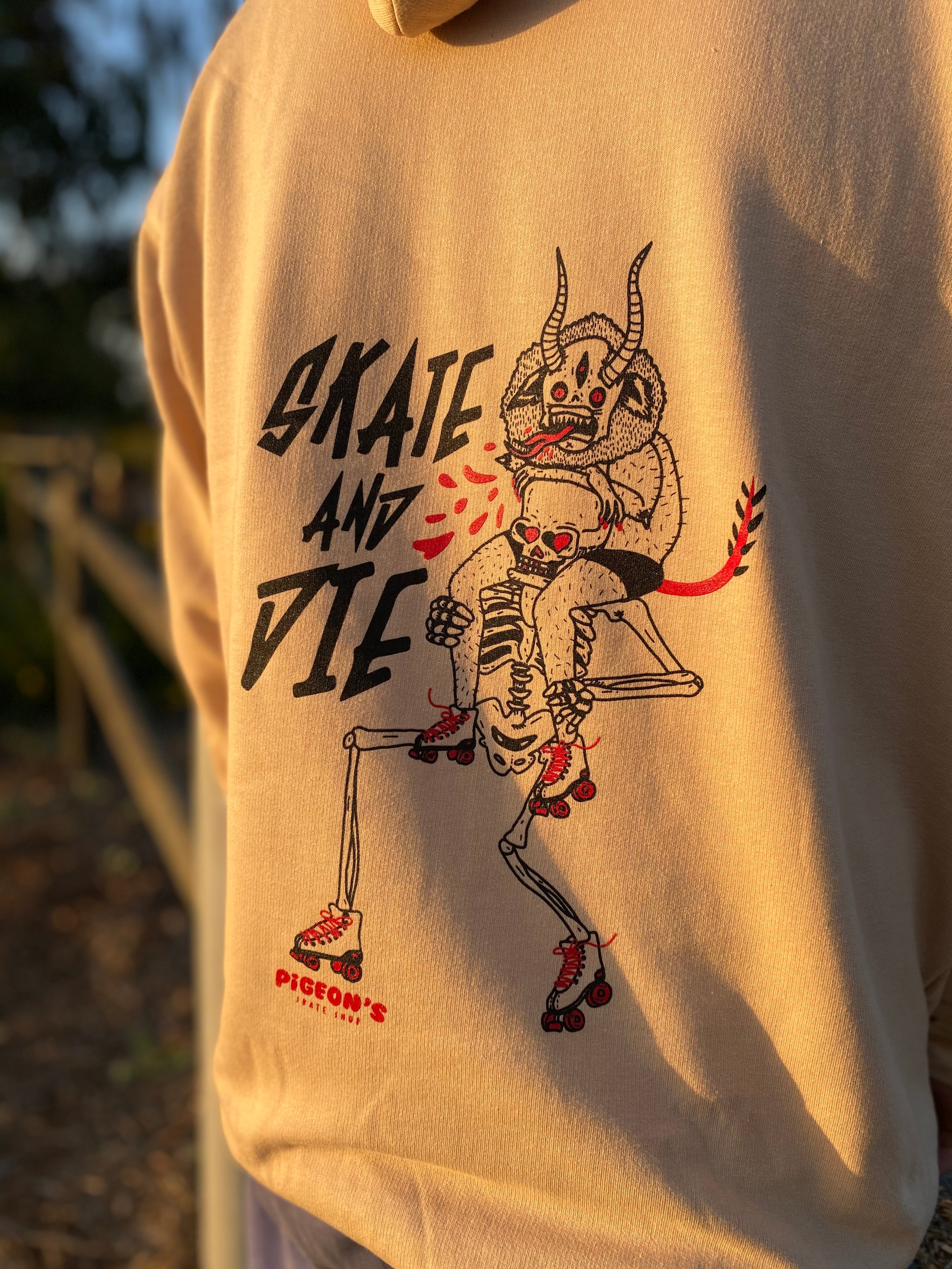 Shop Hoodie - SKATE AND DIE TAN - Pigeon's Roller Skate Shop