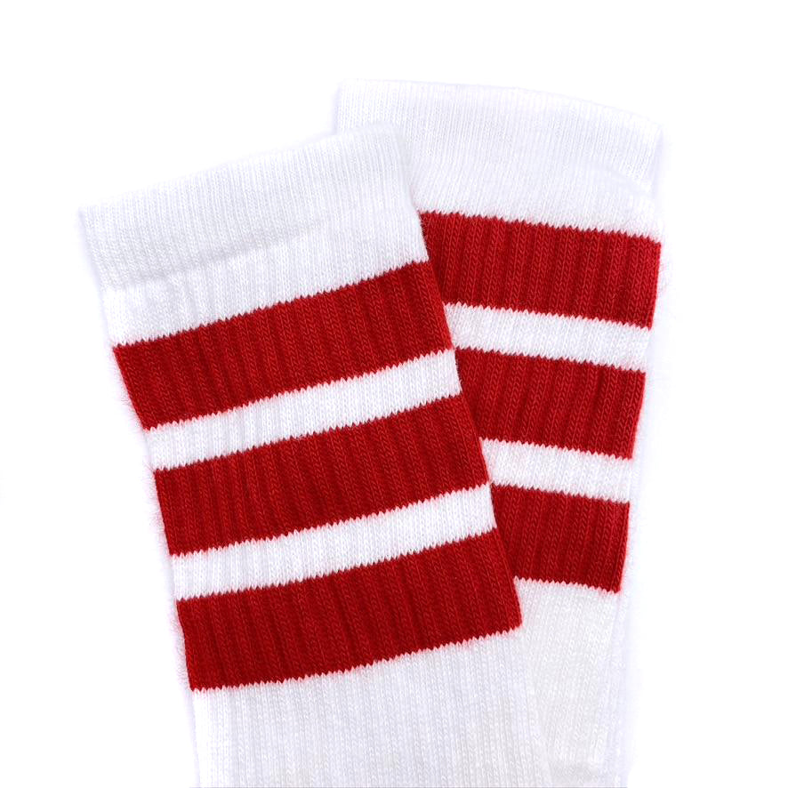 Skater Socks Knee Length - WHITE W/ RED STRIPES - Pigeon's Roller Skate Shop