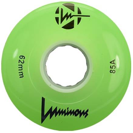 Green Luminous wheel! Lights up when you skate, great for outdoors but can also be used inside.  Keeps you visible and safe during late night skates!  85A durometer, 62mm diameter.  Sold as singles, mix and match or build a set of 8!