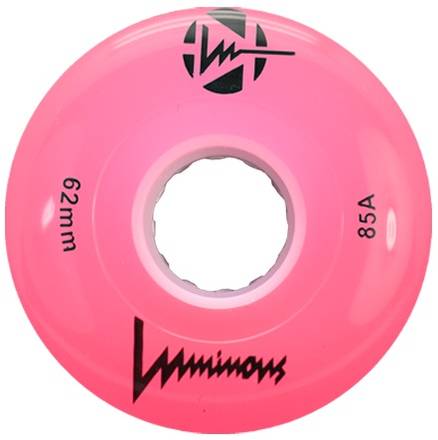 Pink Luminous Wheel! Lights up when you skate, great for outdoors but can also be used inside.  Keeps you visible and safe during late night skates!  85A durometer, 62mm diameter.  Sold as singles, mix and match or build a set of 8!