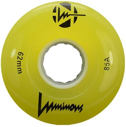 Yellow Luminous wheel! Lights up when you skate, great for outdoors but can also be used inside.  Keeps you visible and safe during late night skates!  85A durometer, 62mm diameter.  Sold as singles, mix and match or build a set of 8!