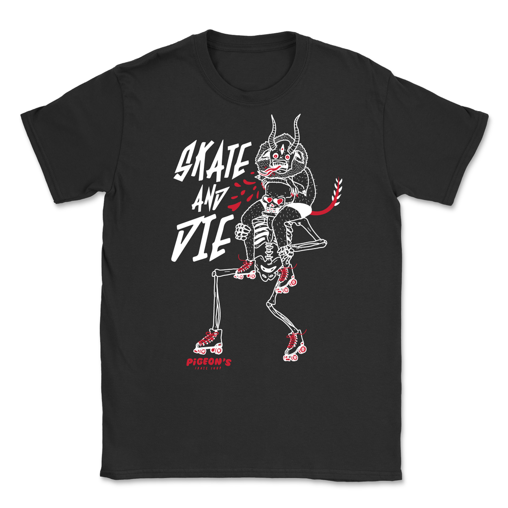 Skate And Die Shop Shirt - DEMON BLACK - Pigeon's Roller Skate Shop